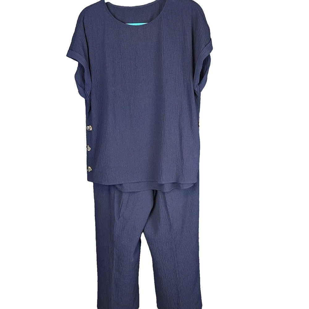 Women's Navy Textured 2-Piece Set Top & Pants Buttons Elastic Waist